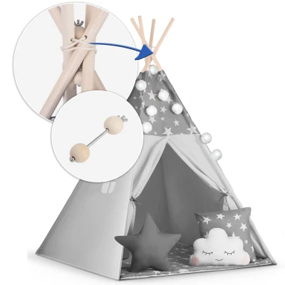 Nukido 740020 Dětské teepee s girlandou a světýlky - šedé s hvězdičkami