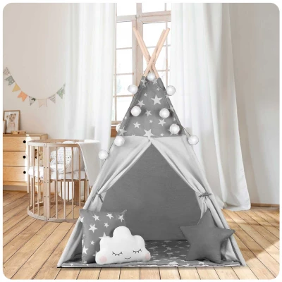 Nukido 740020 Dětské teepee s girlandou a světýlky - šedé s hvězdičkami