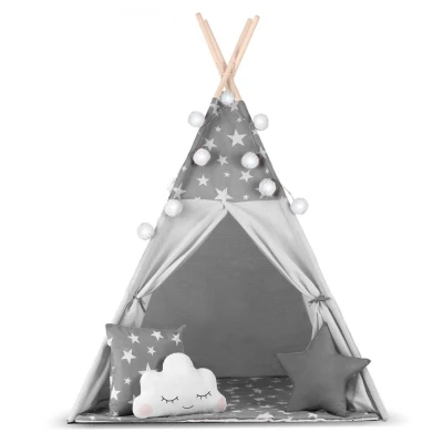Nukido 740020 Dětské teepee s girlandou a světýlky - šedé s hvězdičkami