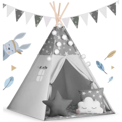 Nukido 740020 Dětské teepee s girlandou a světýlky - šedé s hvězdičkami