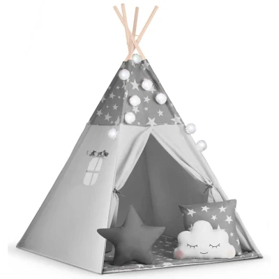 Nukido 740020 Dětské teepee s girlandou a světýlky - šedé s hvězdičkami
