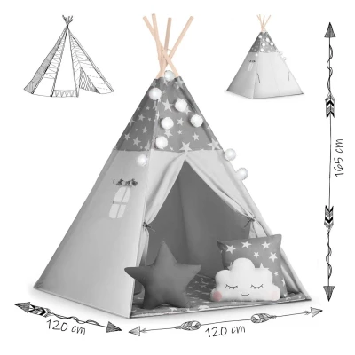 Nukido 740020 Dětské teepee s girlandou a světýlky - šedé s hvězdičkami