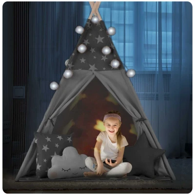 Nukido 740020 Dětské teepee s girlandou a světýlky - šedé s hvězdičkami