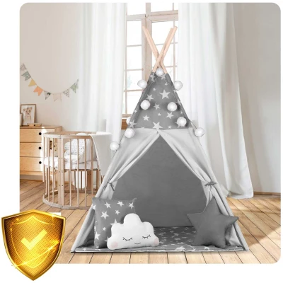 Nukido 740020 Dětské teepee s girlandou a světýlky - šedé s hvězdičkami