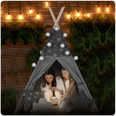 Nukido 740020 Dětské teepee s girlandou a světýlky - šedé s hvězdičkami