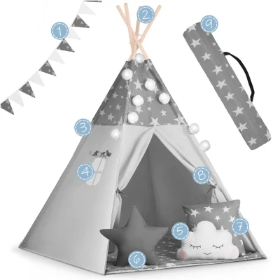 Nukido 740020 Dětské teepee s girlandou a světýlky - šedé s hvězdičkami