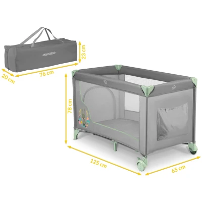 Ricokids RK-240 Cestovná detská postieľka + matrac a taška 125 × 65 × 78 cm, šedá-mätová
