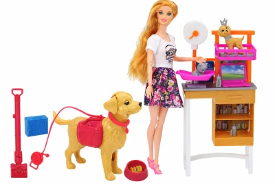 LEAN Toys 17563 Sada bábik s psami, mačkou, jedlom, veterinárskym príslušenstvom