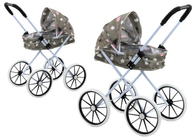 LEAN Toys 17741 Skládací kočárek pro panenky s velkými koly, šedý s hvězdami