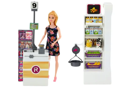 LEAN Toys 17565 Panenka v supermarketu s regály nákupním košíkem a potravinami