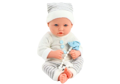 LEAN Toys 18150 Bábika v šedom pruhovanom oblečení s cumlíkom a dekou