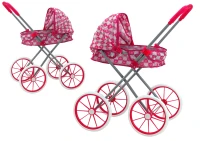 LEAN Toys 17740 Skladací kočík pre bábiky s veľkými kolesami, ružový so srdiečkami