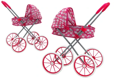 LEAN Toys 17740 Skladací kočík pre bábiky s veľkými kolesami, ružový so srdiečkami