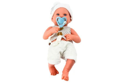 LEAN Toys 18154 Panenka Bobas v bílo-šedém oblečku s dudlíkem a dekou