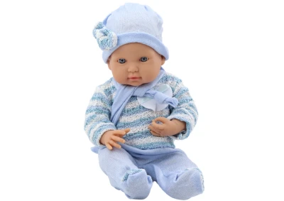 LEAN Toys 19552 Bábika s pruhovaným svetrom, čapicou a šálom, modrá