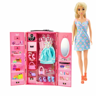 LEAN Toys 25112 Panenka s růžovou skříní a doplňky