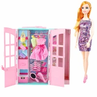 LEAN Toys 25111 Panenka se skříní, oblečky a doplňky, růžová