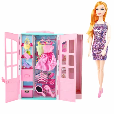 LEAN Toys 25111 Panenka se skříní, oblečky a doplňky, růžová