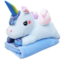 LEAN Toys 27928 Plyšový jednorožec s dekou 3 v 1, 160×110 cm, modrá