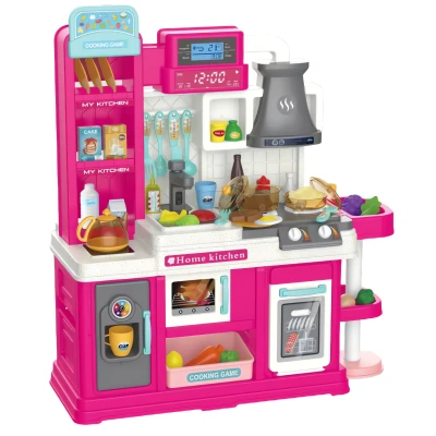 LEAN Toys 28018 Dětská kuchyňka interaktivní 64 dílů - voda, pára a měnící se potraviny, růžová