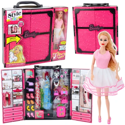 LEAN Toys 28843 Šatník pre bábiky s bábikou a príslušenstvom, ružový