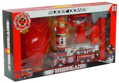 LEAN Toys 1070 Sada hasiče - hasičské auto + přilba + hasicí přístroj
