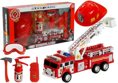 LEAN Toys 1070 Sada hasiče - hasičské auto + přilba + hasicí přístroj
