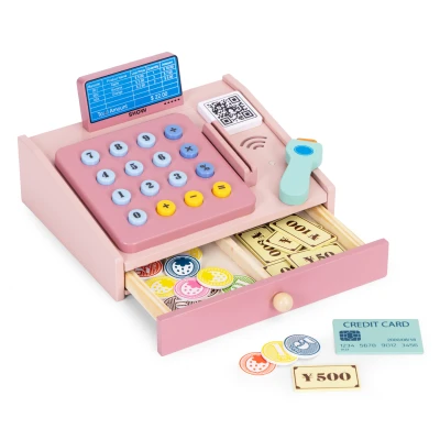 MULTISTORE HC751029 Dřevěná pokladna pro děti se skenerem, bankovkami, mincemi a kartou