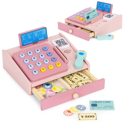 MULTISTORE HC751029 Dřevěná pokladna pro děti se skenerem, bankovkami, mincemi a kartou