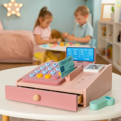 MULTISTORE HC751029 Dřevěná pokladna pro děti se skenerem, bankovkami, mincemi a kartou