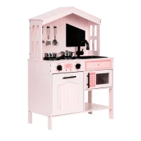 ECOTOYS PLK563P Dřevěná dětská kuchyňka s troubou, mikrovlnkou, hořáky a příslušenstvím, růžová