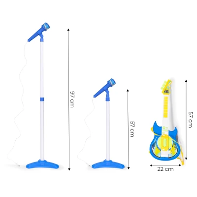MULTISTORE HC342076 Elektrická kytara s mikrofonem a stojanem pro děti, kompatibilní s MP3, modrá