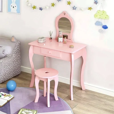ECOTOYS FH-KF200011 Detský drevený toaletný stolík so zrkadlom a stoličkou, ružový