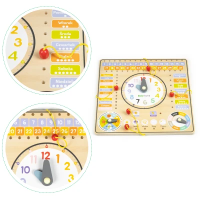 ECOTOYS ESC-W-036 Dřevěná edukační deska s kalendářem a hodinami