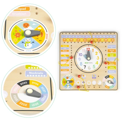 ECOTOYS ESC-W-036 Dřevěná edukační deska s kalendářem a hodinami