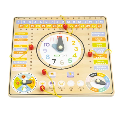 ECOTOYS ESC-W-036 Dřevěná edukační deska s kalendářem a hodinami