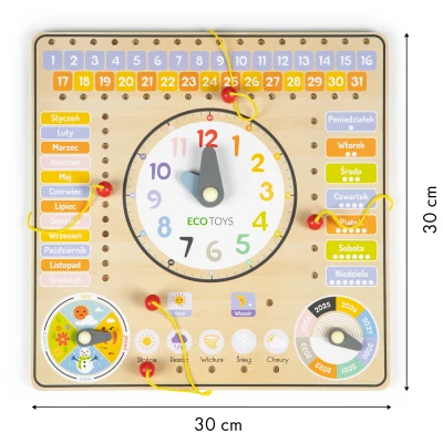 ECOTOYS ESC-W-036 Dřevěná edukační deska s kalendářem a hodinami
