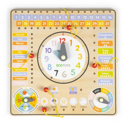 ECOTOYS ESC-W-036 Dřevěná edukační deska s kalendářem a hodinami