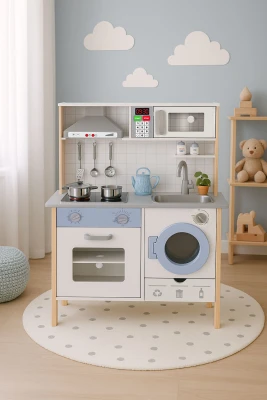 ECOTOYS 7271 Dětská dřevěná kuchyňka se zvuky, LED, troubou, pračkou a příslušenstvím