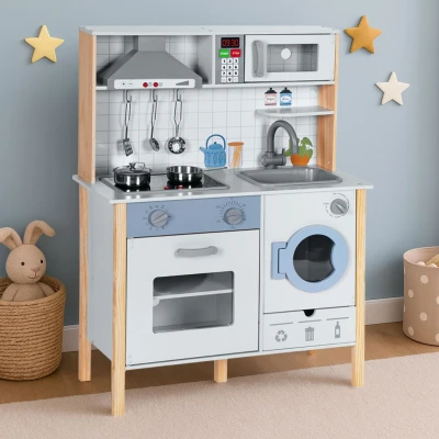 ECOTOYS 7271 Dětská dřevěná kuchyňka se zvuky, LED, troubou, pračkou a příslušenstvím