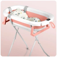 Ricokids RK-287 Skládací dětská vanička se stojanem, teploměrem a vložkou, bílo-růžová