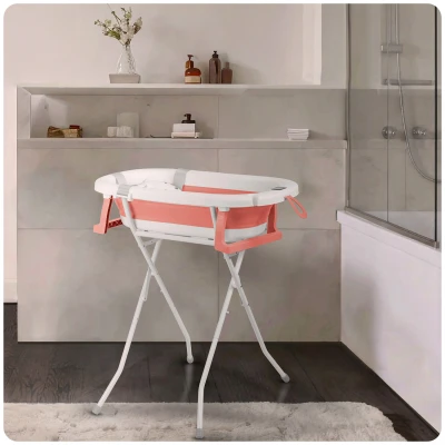 Ricokids RK-287 Skládací dětská vanička se stojanem, teploměrem a vložkou, bílo-růžová