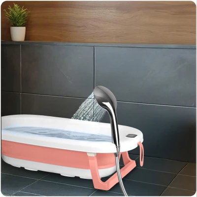 Ricokids RK-287 Skládací dětská vanička se stojanem, teploměrem a vložkou, bílo-růžová