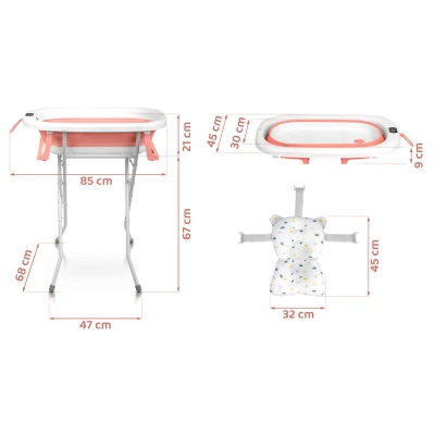 Ricokids RK-287 Skládací dětská vanička se stojanem, teploměrem a vložkou, bílo-růžová