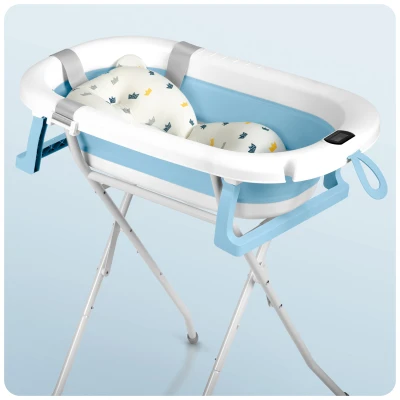 Ricokids RK-287 Skládací dětská vanička se stojanem, teploměrem a vložkou, bílo-modrá