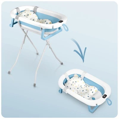 Ricokids RK-287 Skládací dětská vanička se stojanem, teploměrem a vložkou, bílo-modrá