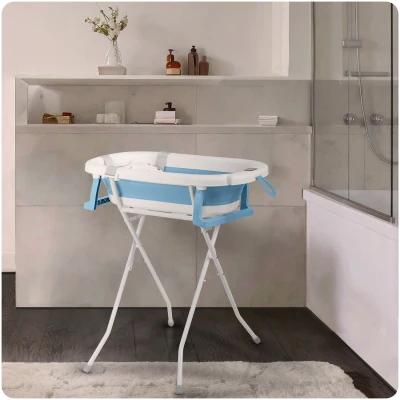 Ricokids RK-287 Skládací dětská vanička se stojanem, teploměrem a vložkou, bílo-modrá