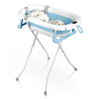 Ricokids RK-287 Skládací dětská vanička se stojanem, teploměrem a vložkou, bílo-modrá