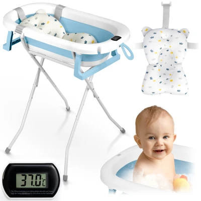 Ricokids RK-287 Skládací dětská vanička se stojanem, teploměrem a vložkou, bílo-modrá