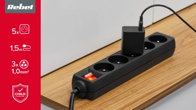 Rebel URZ3061 Predlžovací kábel s 5 zásuvkami, 1,5 m, typ E s vypínačom, čierny